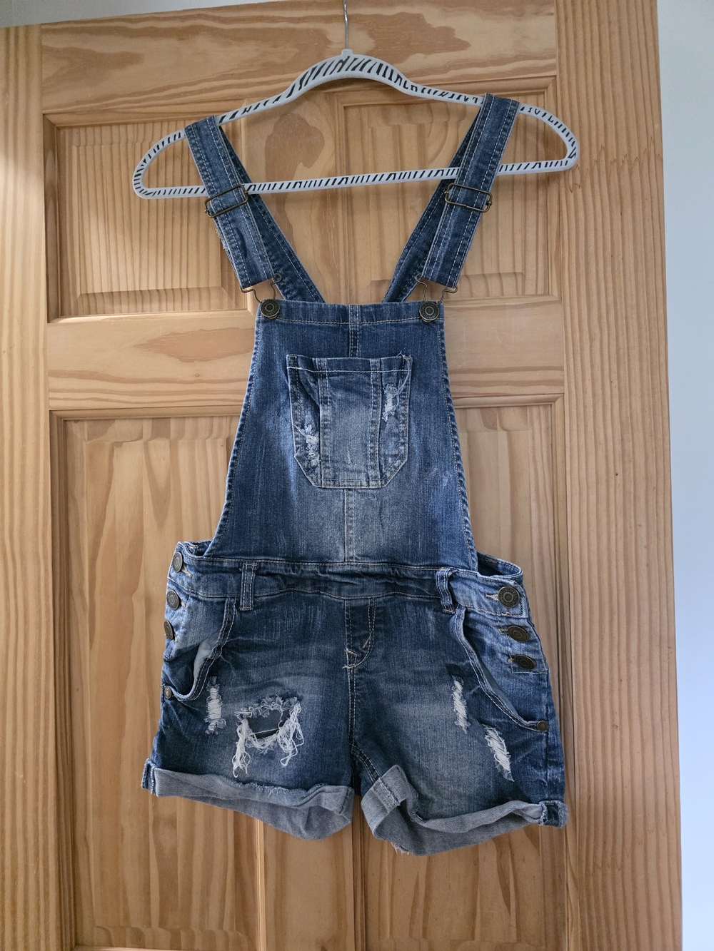 Denim Blue Distressed Short Overalls